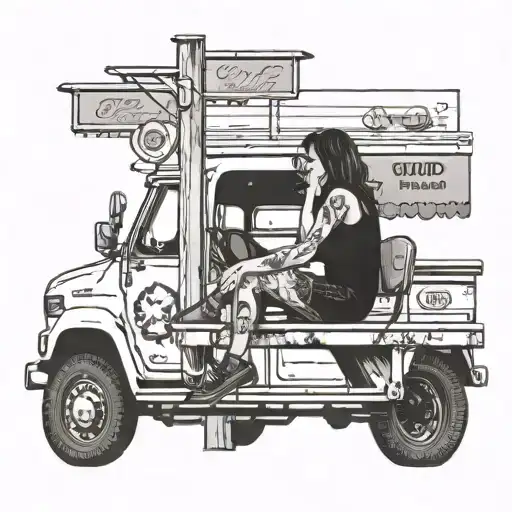 Girl sitting in a flatbed ford on a gas station in Arizona tattoo design idea