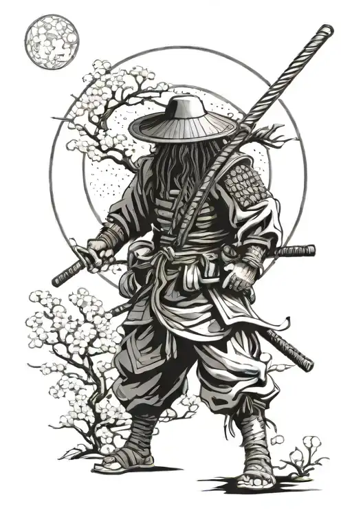 A Ronin warrior with dreadlocks and a straw hat on his back. Also, in the background a full moon, a Japanese cherry tree tattoo design idea