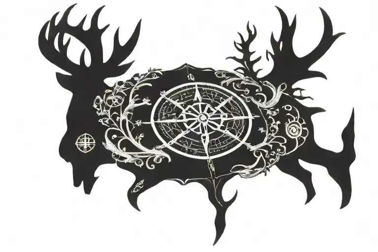 deer antlers and Nordic compass tattoo design idea
