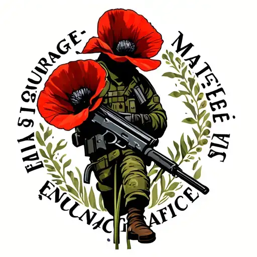 An soldier silhouette with gun down wrapped in a bright red poppy. the words courage, endurance, mate ship sacrafice  tattoo design idea