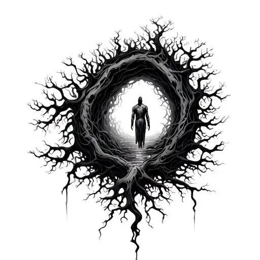A figure descending into a dark abyss, surrounded by intertwining roots and abstract lines, made in cold black tones tattoo design idea
