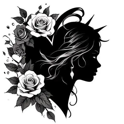 heart and roses with thorns and lady head profile holding tattoo design idea