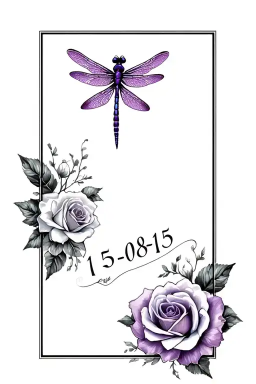 dragonfly with black purple and white roses behind it and incorporating the date 15-08-15  tattoo design idea