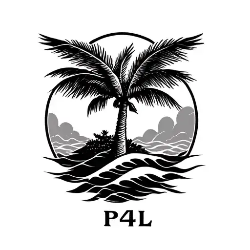 A palm treeThe Aquarius zodiac wave symbolA doveThe text "P4L" tattoo design idea