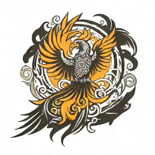 make a drawing for a tattoo with a phoenix of the Polynesian tribal fire and a reminder of the island of Reunion tattoo design idea