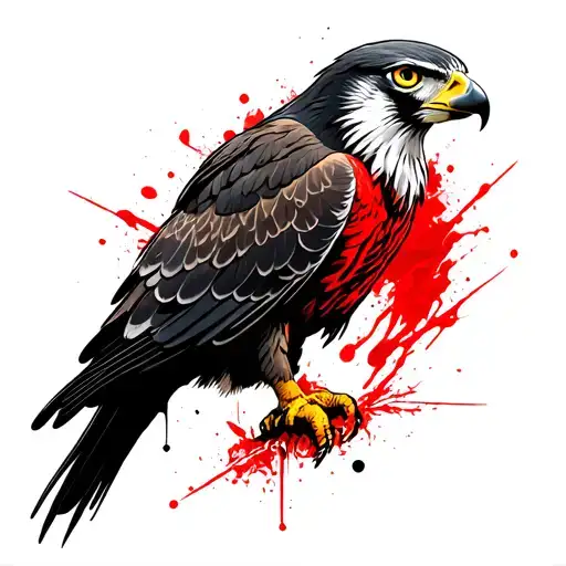 men's thigh tattoo. falcon in red white and black ink.  tattoo design idea