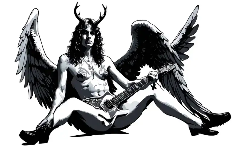 AC/DC WITH ANGEL WINGS AND TWIG HORNS SITTING tattoo design idea