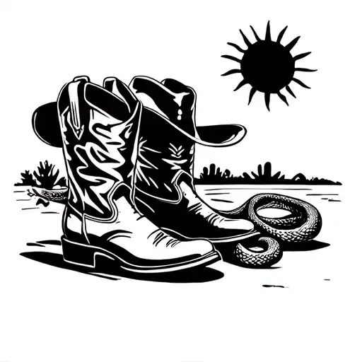 country vibe, cactus sun, cowboy boots/ hat, gun or snake maybe, black and white only and simple tattoo design idea