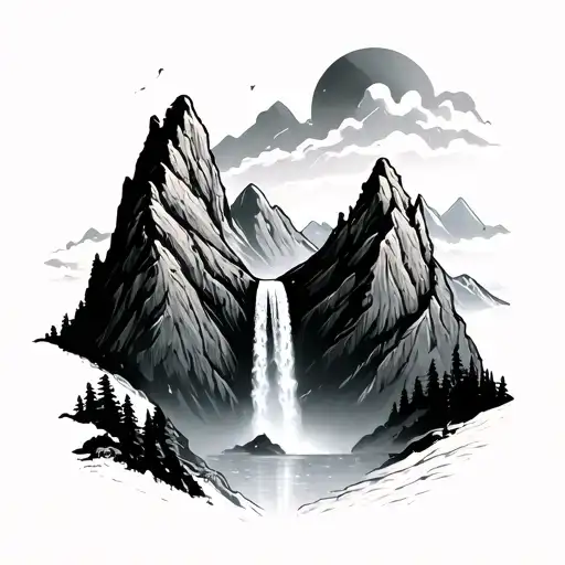 mountain range,  cliff with waterfall, tattoo design idea
