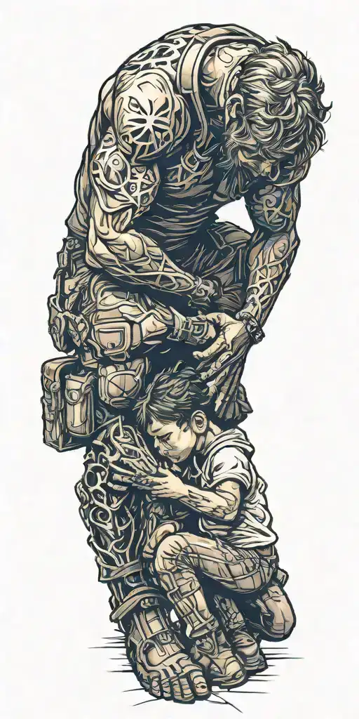 adult kneeling next to and comforting the inner child tattoo design idea