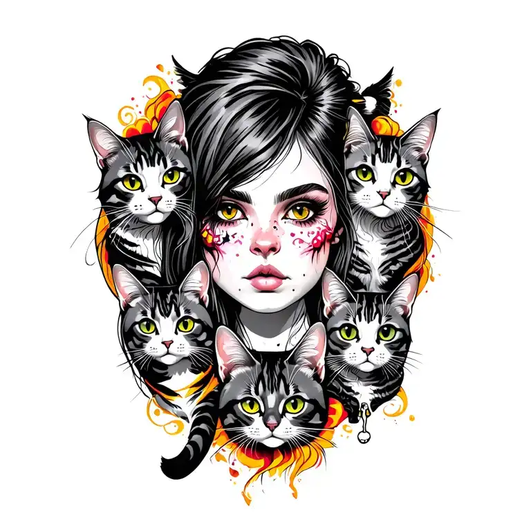 peaceful badas punk rock girl with gang of cats tattoo design idea