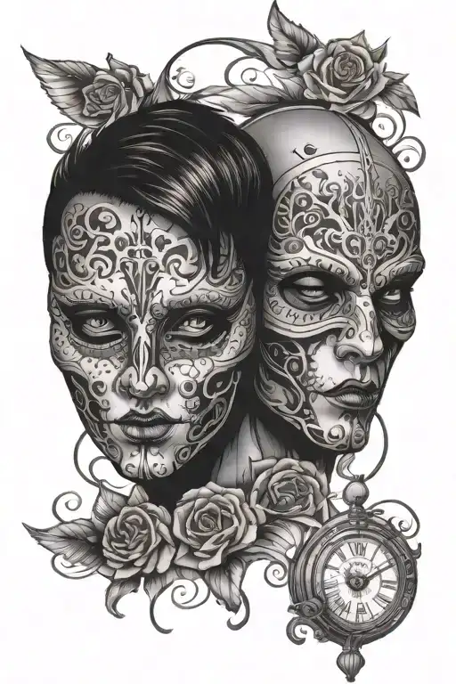 masks with happ and sad face with clock under  tattoo design idea