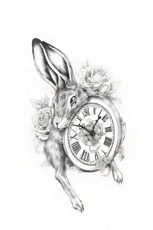 Hare with huge pocket watch surrounded by roses tattoo design idea