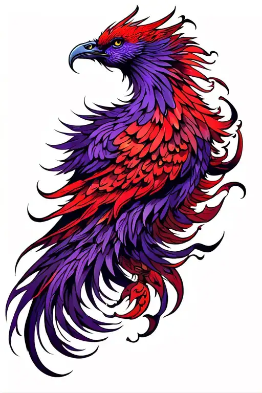long tailed purple and red phoenix in profile tattoo design idea