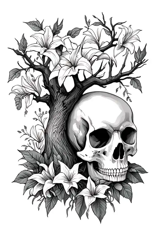 skull with tree emerging, male and female cardinal, peace lily, buck and doe, cosmo and holly floral, filler vines tattoo design idea