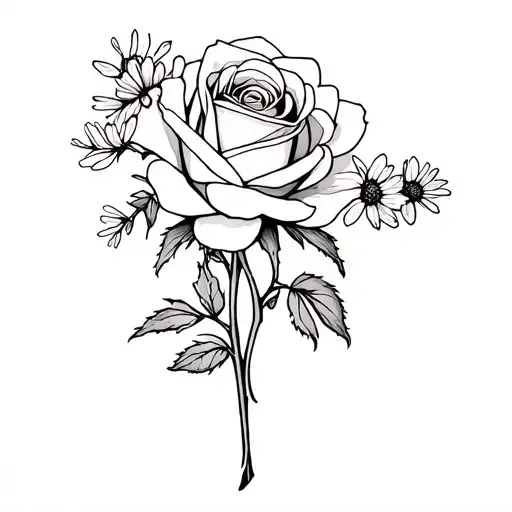 rose and daffidol and aster flowers tattoo design idea