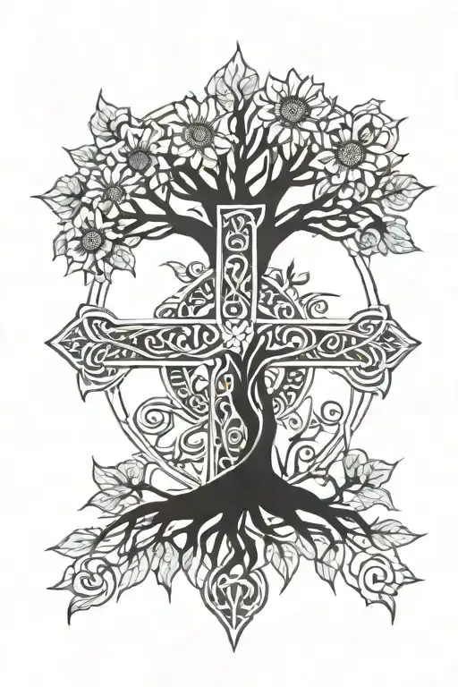 Celtic cross, inlay tree of life, a sunflower tattoo design idea