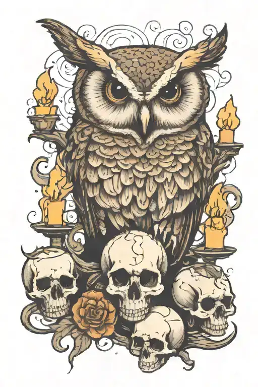 barn Owl sitting on skull surrounded by candles and smoke tattoo design idea