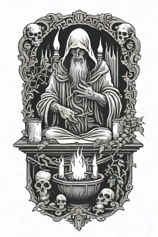 Hermit performing a ritual, candles, altar, skulls tattoo design idea