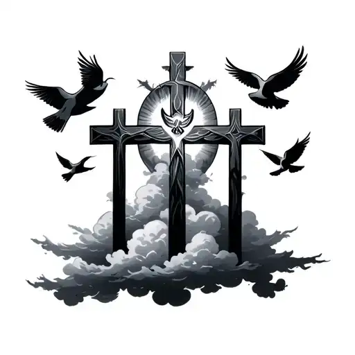 the three crosses with clouds and doves flying tattoo design idea