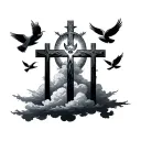 the three crosses with clouds and doves flying tattoo design idea