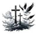the three crosses with clouds and doves flying tattoo design idea