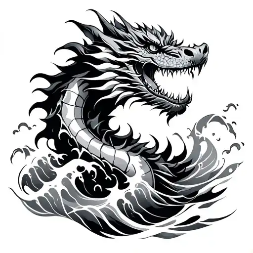 tattoo stencil dragon sleeve with the head ending a bit on the chest, water waves splashing everywhere tattoo design idea