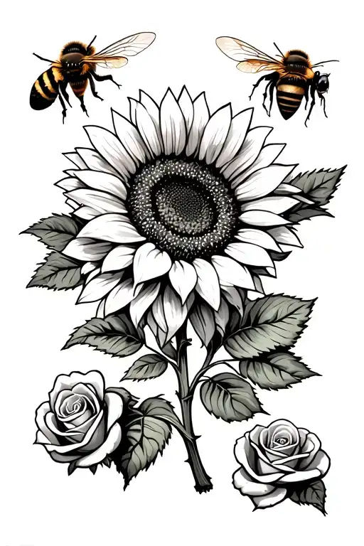  It should feature sunflowers in different angles, realistic bees (one flying, one landing), and a couple of roses tattoo design idea