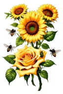  It should feature sunflowers in different angles, realistic bees (one flying, one landing), and a couple of roses tattoo design idea