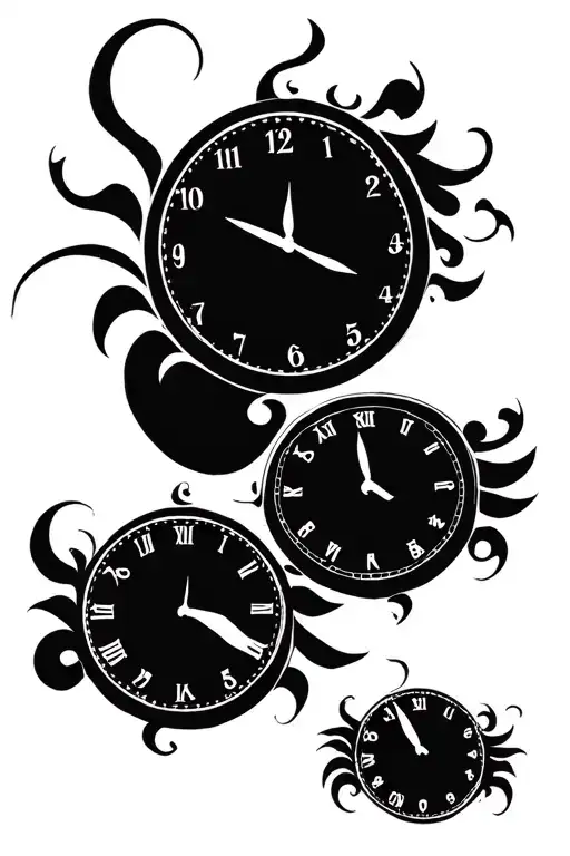 3 clock faces one with 4:16 one with 11:24 and one 12:51 tattoo design idea