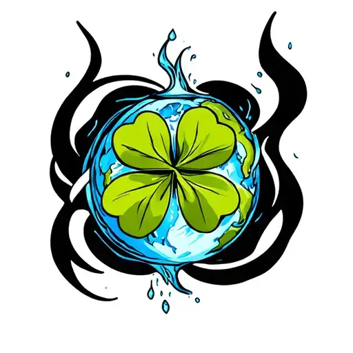 fire and water intertwined around a 4 leaf clover inside the earth tattoo design idea