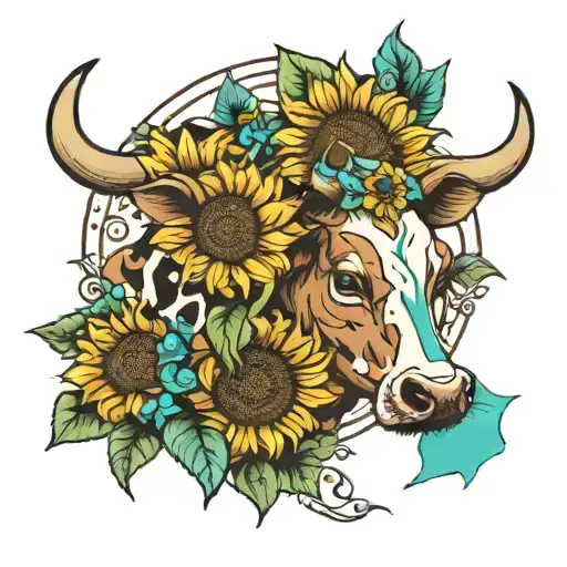 Sunflowers, cows, turquoise, cross tattoo design idea