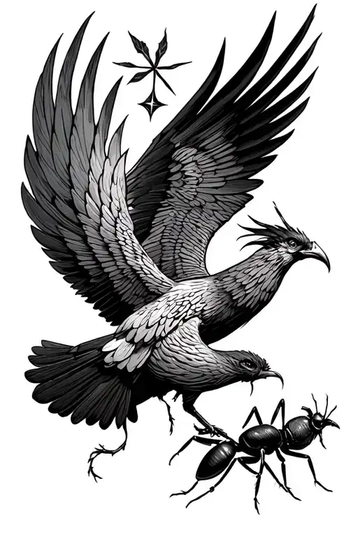 a phoenix flying under a philant star brings a leaf of lorium in its beak to an ant alone pushed aside tattoo design idea