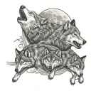 wolves chasing away the moon with three cubs face tattoo design idea