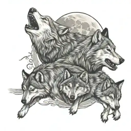 wolves chasing away the moon with three cubs face tattoo design idea
