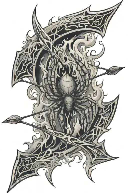 bow and arrow, spider, flames, hand tattoo design idea