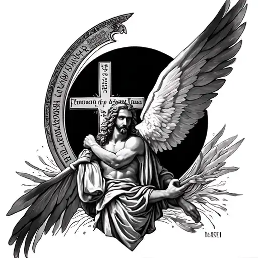 Leg sleeve tattoo with cross Bible scripture and saint Micheal the arch angle tattoo design idea