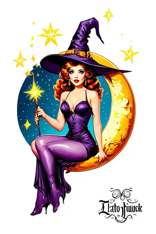 Vintage pin-up witch sitting on a crescent moon, holding a wand, surrounded by glowing stars, old school tattoo design idea