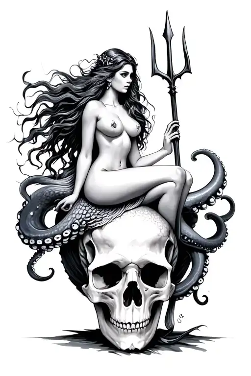 a siren mermaid sitting on an octopus skull holding a trident tattoo design idea
