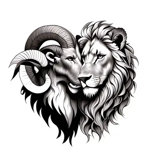 detailed fine line tattoo of male ram and female lion romance tattoo design idea