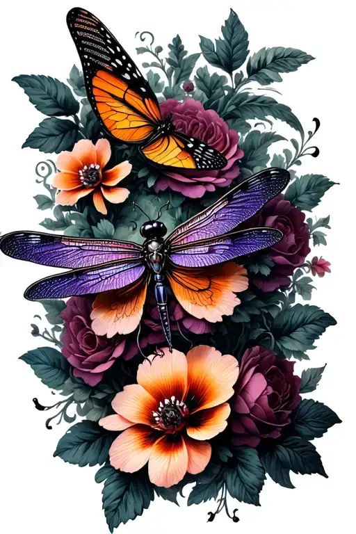 unique dragonflies and butterflies intertwined  with trailing blooming mixed poisonous flowers tattoo design idea