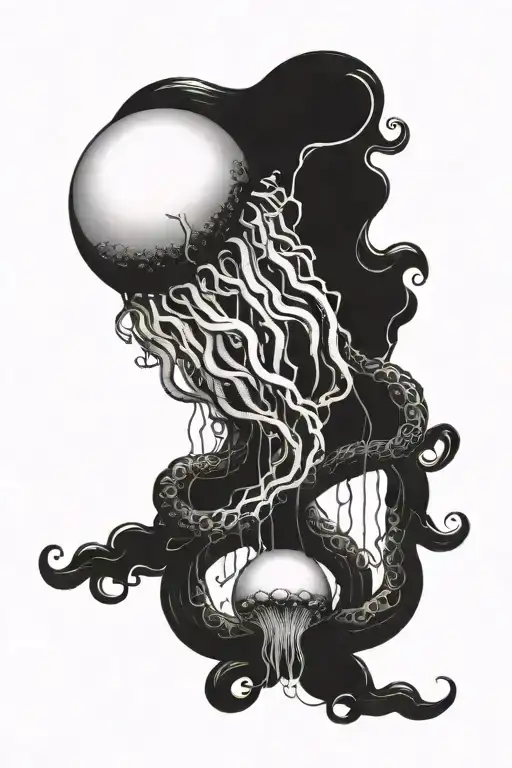 The tentacles stretch from the bottom up. In the center is a New Year's ball. On top is a jellyfish tattoo design idea
