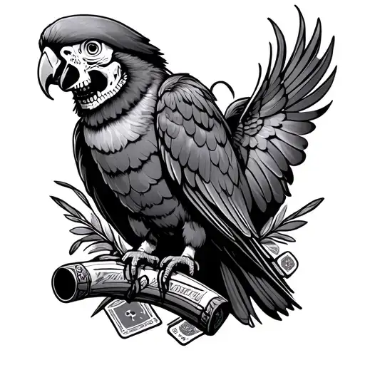 dead pirate and parrot- gambling alcohol weapon tattoo design idea