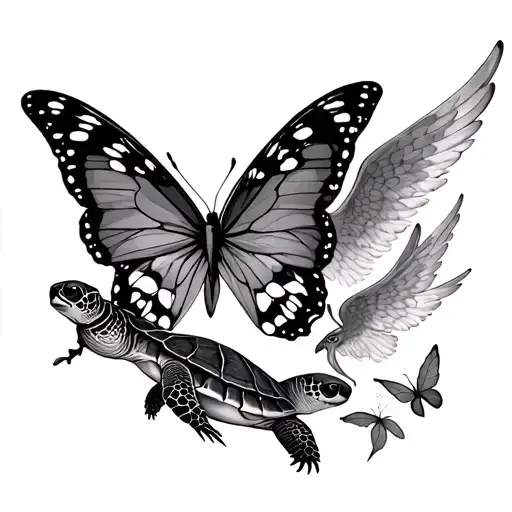 turtle butterfly and angel falling tattoo design idea