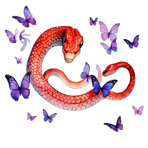 red snake with purple butterflies flying around tattoo design idea