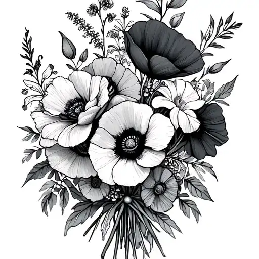 black and white line work bouquet of flowers containing poppies, primoroses, roses, violets, gladiolus's, larkspurs, hon tattoo design idea