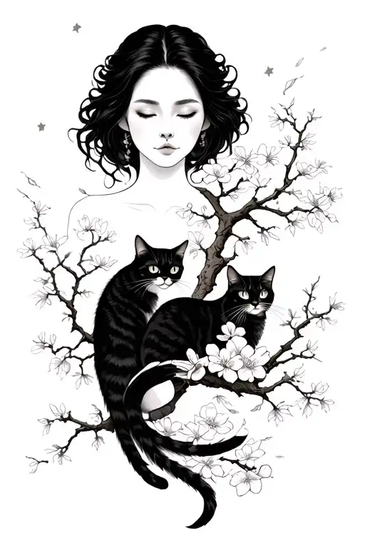 conceptualized tattoo of japanese style, Virgo, sakura tree and cats tattoo design idea