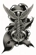 Create an image: of a caduceus logo, a medical symbol with bat wings instead of angle wings, and an eye on the top, and  tattoo design idea