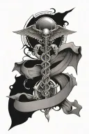 Create an image: of a caduceus logo, a medical symbol with bat wings instead of angle wings, and an eye on the top, and  tattoo design idea