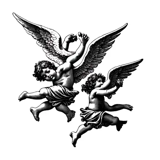 Pair of cherub angels flying tattoo design idea